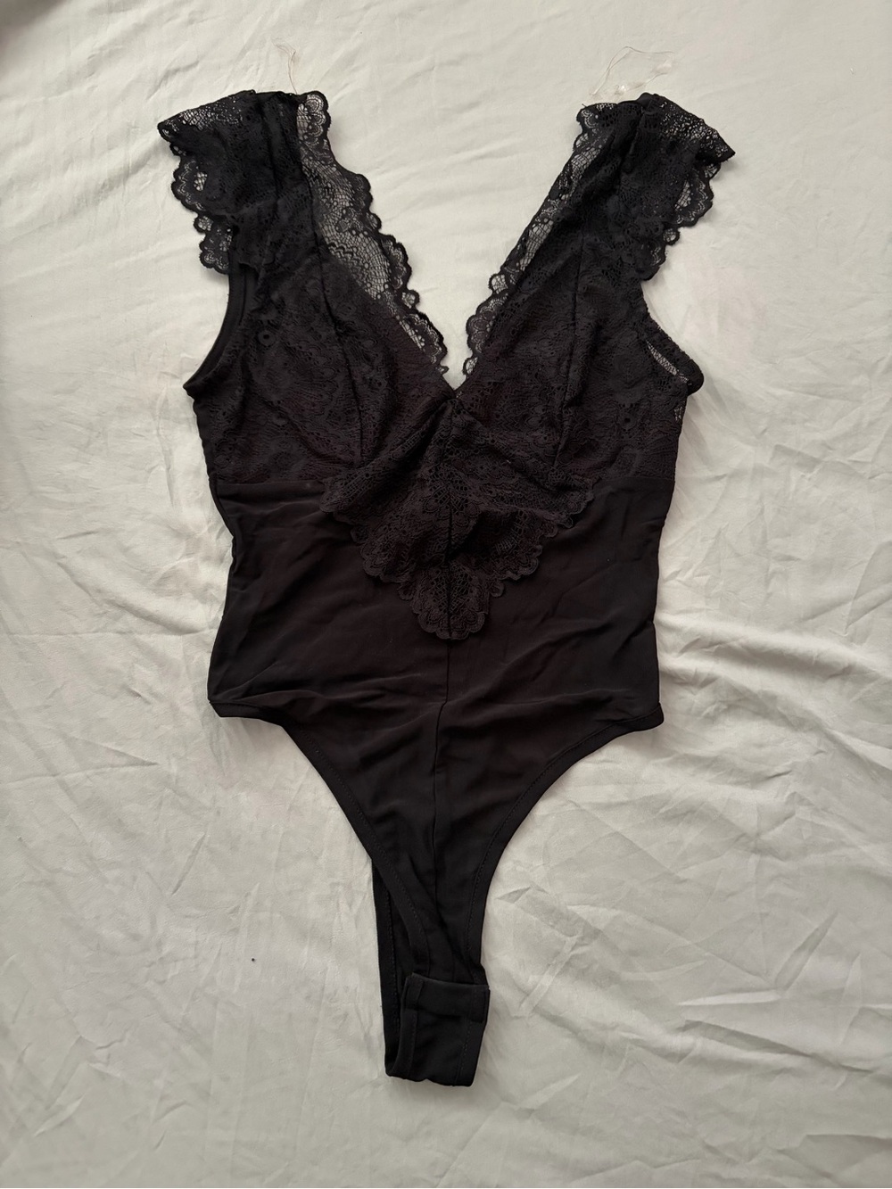 Lace Deep V Black Bodysuit